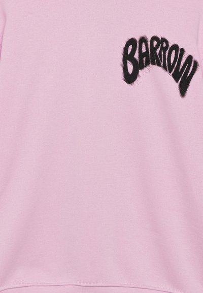 Pink sweatshirt with a soft texture featuring the embroidered word "BARROW" in black, curving from left to right at the top left corner.