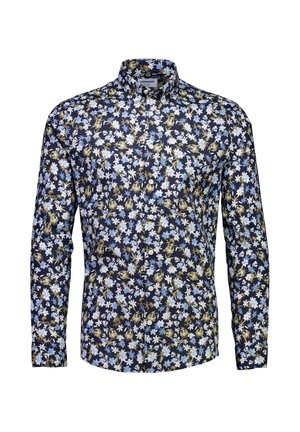 Herren-Langarmhemd mit Knopfleiste und dunklem Hintergrund, verziert mit einem dichten Muster aus kleinen weißen, blauen und grünen Blumen.