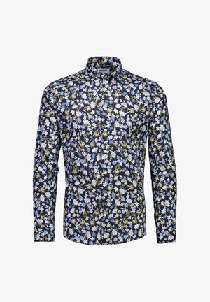 Camicia da uomo a maniche lunghe con bottoni, sfondo scuro con un fitto motivo di piccoli fiori bianchi, blu e verdi.