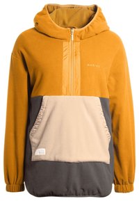 Fleece pullover hoodie in oranje, beige en grijs; heeft een halve rits, grote voorzak en ribgebreide manchetten. Logo op de borst.