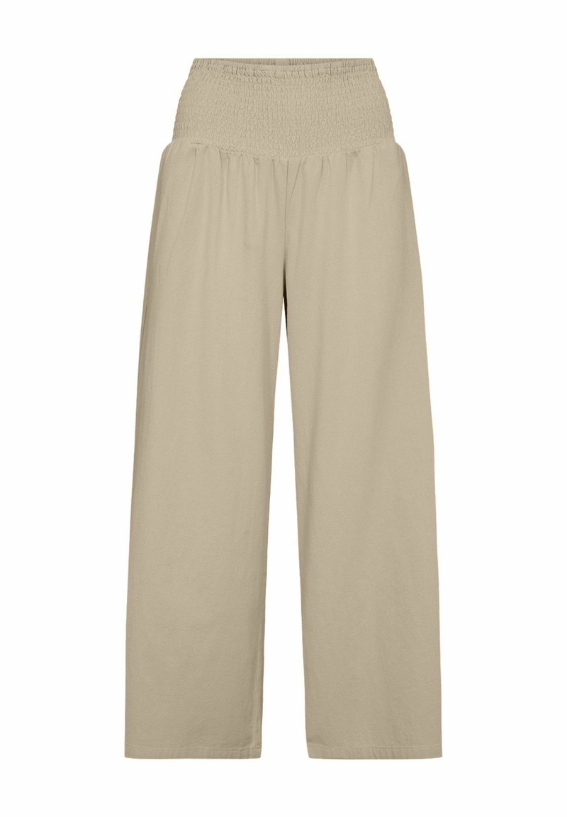 Pantaloni beige a gamba larga con una vita alta arricciata, realizzati in un tessuto leggero con una texture liscia e senza motivi visibili.