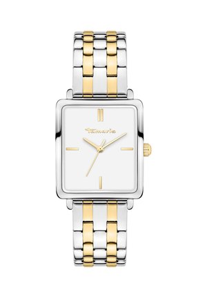 Montre carrée en acier inoxydable avec un cadran blanc, des accents dorés et un bracelet en métal bicolore argent et or. Présente des index horaires minimalistes.