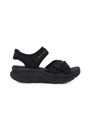 Sandalo Skechers D’LUX WALKER nero con suola spessa e imbottita, cinturini regolabili sul piede e intorno al tallone per una calzata sicura.