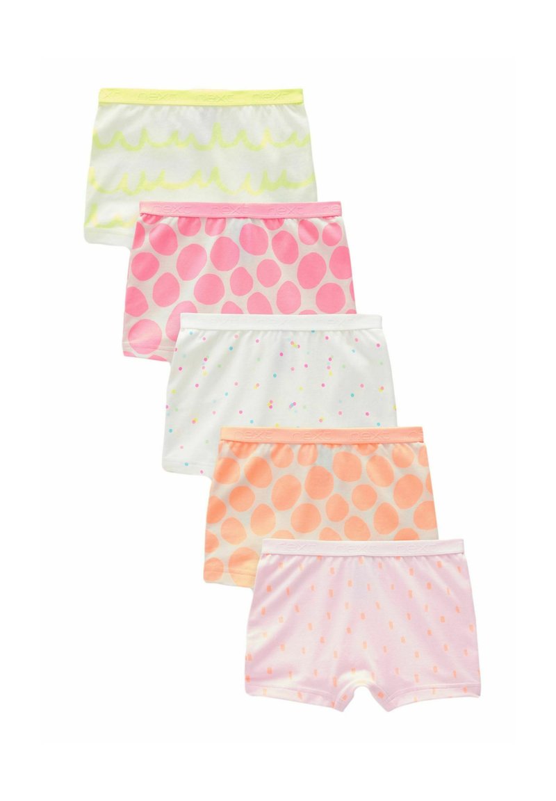 Set di cinque pantaloni corti per bambini in vari colori e fantasie: giallo con onde, rosa a pois, bianco con coriandoli, arancione a pois e rosa chiaro con punti.