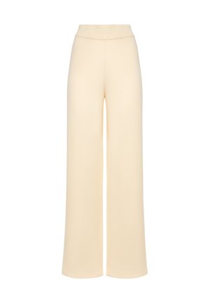 Crème wijde broek met een geribbelde elastische tailleband, met een soepele textuur en een volledige lengte.
