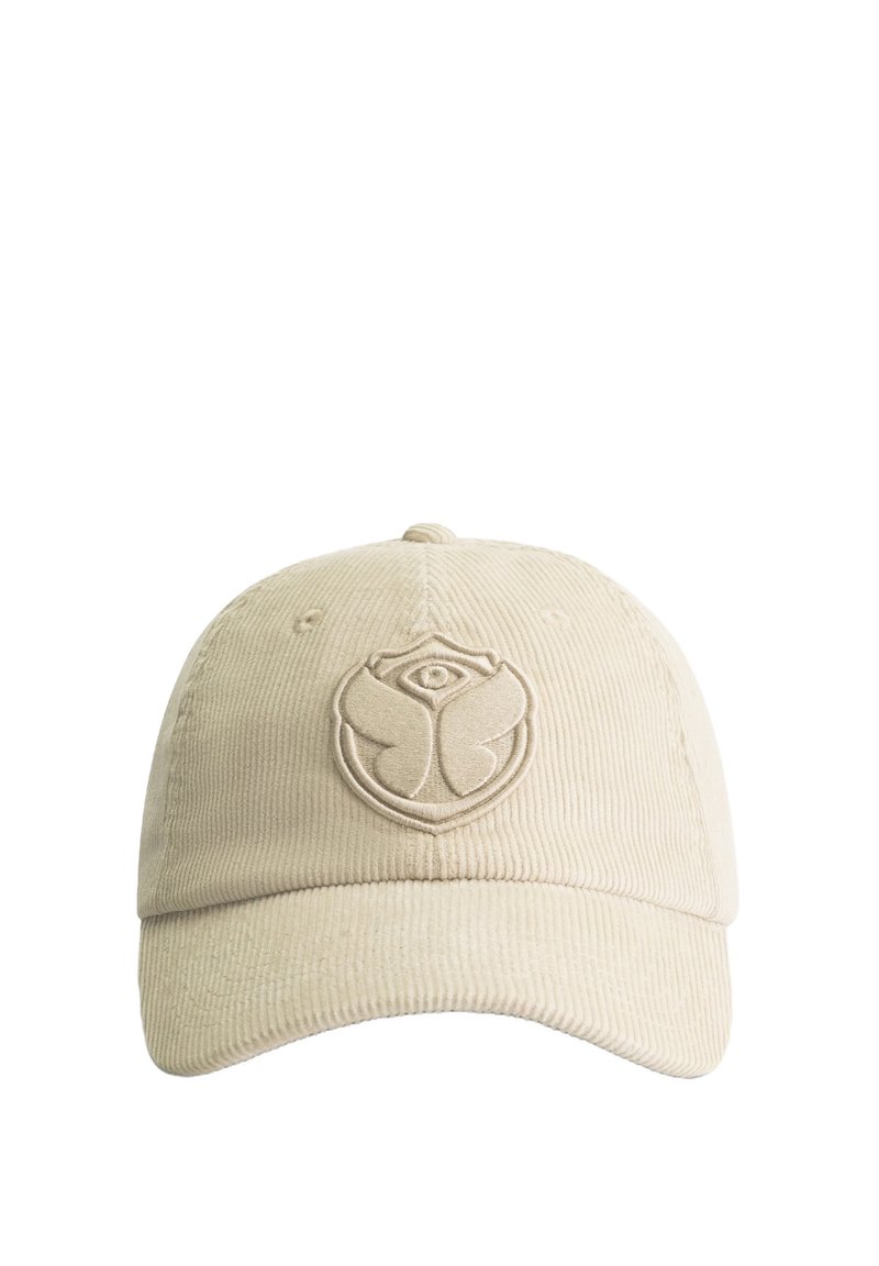 Casquette en velours côtelé beige avec un logo brodé au centre, visière courbée et surface texturée ; dispose de six œillets de ventilation.