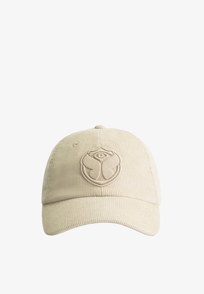 Beige Cord-Cap mit einem gestickten Logo in der Mitte, gebogenem Schirm und strukturiertem Oberfläche; verfügt über sechs Belüftungsölchen.