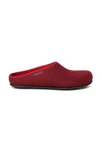 Red felt clogs with a soft texture, open back, and black rubber sole. Features a subtle logo on the side for branding.