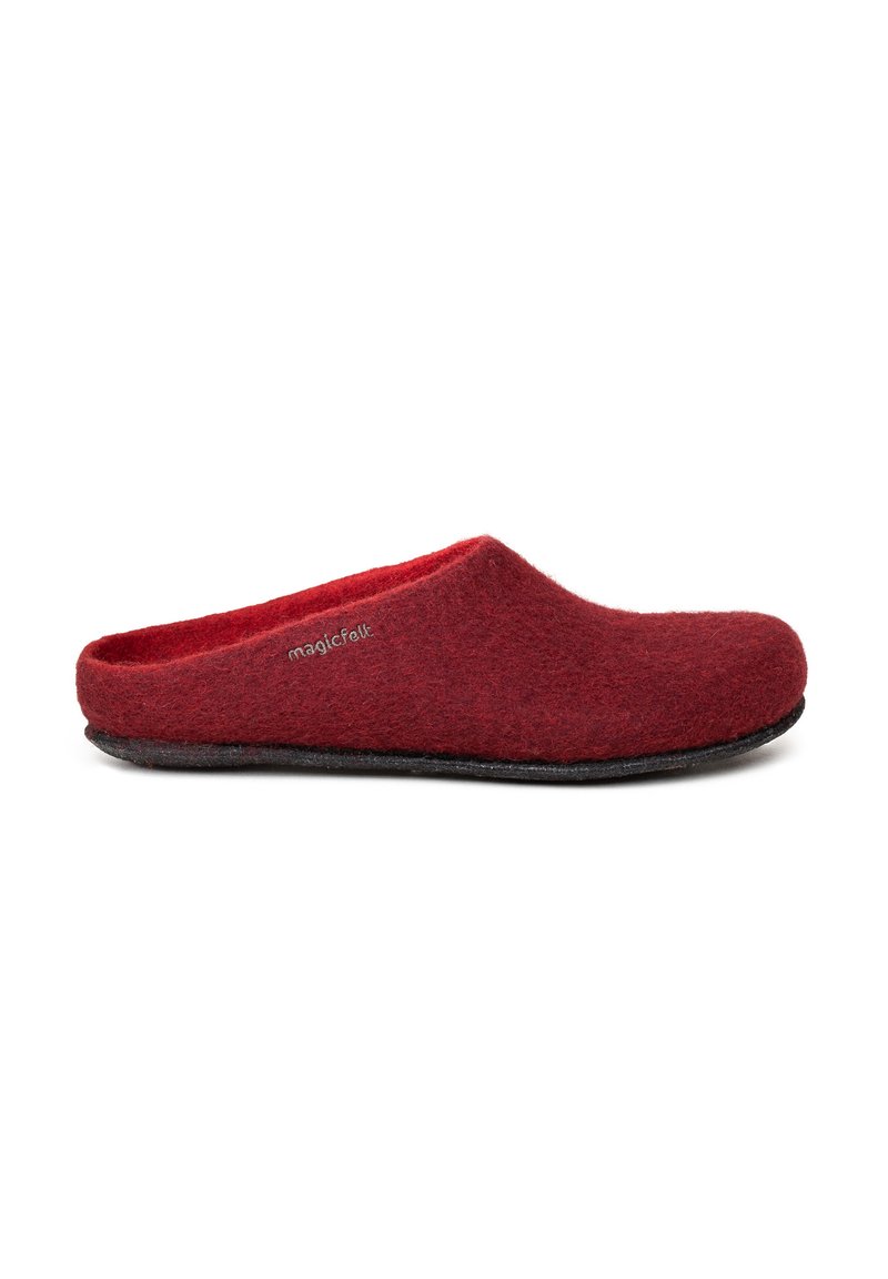 Red felt clogs with a soft texture, open back, and black rubber sole. Features a subtle logo on the side for branding.