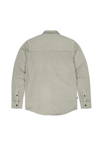 Langärmliges Hemd in Hellgrau, aus weichem Stoff, mit abgerundetem Saum, Knopfmanschetten und schlichtem Rückendesign.