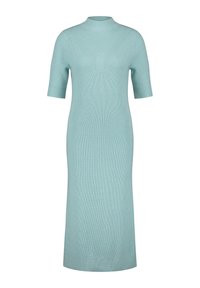 Robe midi en maille côtelée bleu clair avec manches courtes et col montant, arborant des motifs géométriques subtils sur la poitrine et les côtés.