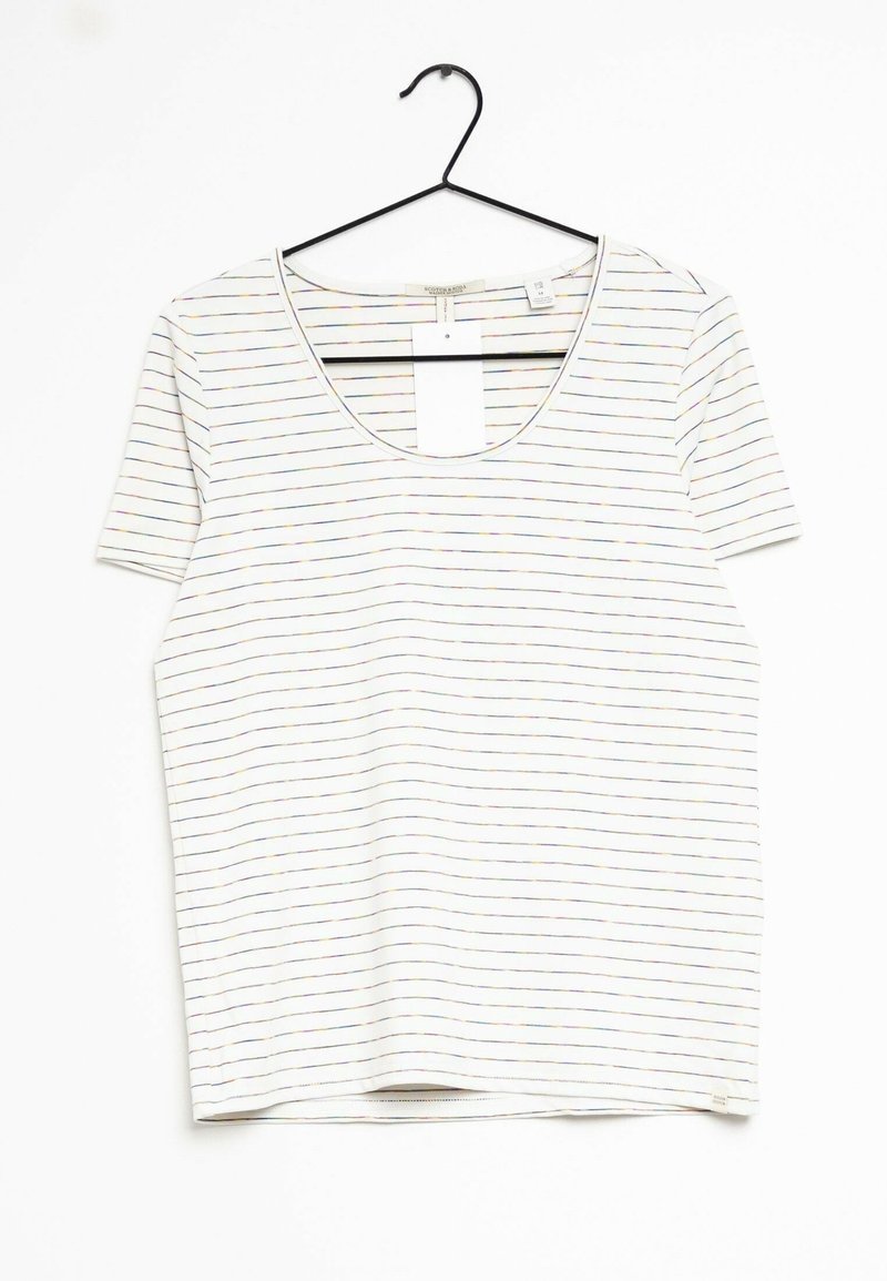 Korte mouwen, iets losse t-shirt in licht crème met horizontale multikleurige strepen. Beschikt over een wijde halslijn en een zachte katoenen textuur.