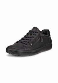 Black leather sneaker with lace-up design, side zipper, textured accents, rounded toe, and durable rubber sole. Smooth finish and sleek appearance.