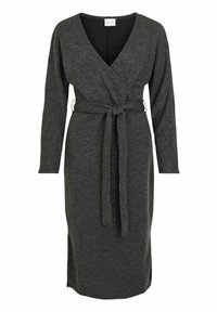 Dlouhý rukáv, šaty s V-výstřihem a zavazováním v tmavě šedé pletenině, s páskem v pase a bočními rozparky pro snadný pohyb.