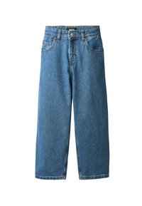 Vaqueros azules con un diseño de pierna recta, confeccionados en denim con un estilo clásico de cinco bolsillos y detalles de costura visibles.