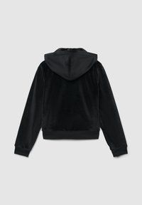 Felpa nera in velluto con una superficie dalla trama morbida, dotata di cappuccio e polsini a costine, che presenta un design cropped per una vestibilità moderna.