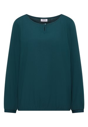 Türkise Bluse mit langen Ärmeln, Rundhalsausschnitt und Knopfdetails vorne. Aus glattem Stoff mit gerafftem Saum gefertigt.