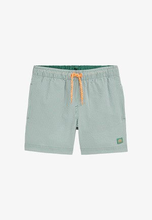 Pantaloni scurți de baie cu dungi verticale verzi și albe, cu șnur portocaliu și o mică petic de soare pe piciorul stâng.