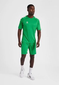 Grünes Sportoutfit bestehend aus einem kurzärmligen Trikot und Shorts, hergestellt aus leichtem Stoff, mit Logo und Schulterakzenten.
