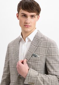Lichtgrijze geruite blazer met een notched lapel, twee knopen en een decoratieve pochette. Gladde textuur, gestructureerde pasvorm.