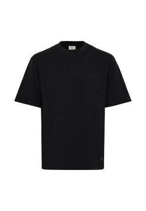 T-shirt noir en coton, avec un col rond et des manches courtes. Design simple sans motifs ni accents supplémentaires.
