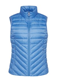 Gilet rembourré bleu clair avec un col haut, fermeture éclair sur le devant et un design en piqûre en chevrons. Comprend des poches latérales et une texture de tissu lisse et brillante.