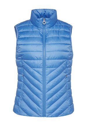 Jasnoniebieska puchowa kamizelka z wysokim kołnierzem, zamek z przodu i wzór w zygzak. Zawiera kieszenie boczne i gładką, błyszczącą teksturę materiału.