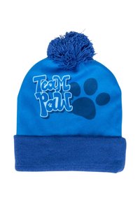 Cappello di maglia blu con visiera pieghevole, con la scritta "Team Paw" e un design di impronta di zampa. Completato da un pompon blu.