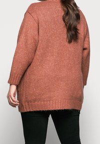 Rust-colored oversized sweater with ribbed cuffs and hem, featuring a textured knit pattern. Back view shows casual, relaxed fit.