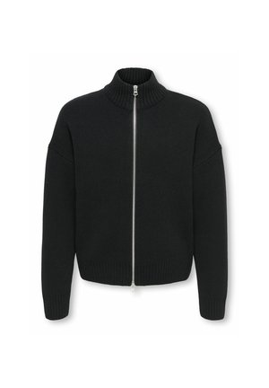 Pull en maille noire avec fermeture éclair, col montant côtelé et poignets et ourlet côtelés, présenté à plat sur fond blanc.
