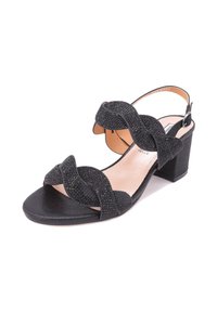 Sandali neri con tacco, caratterizzati da un upper testurizzato con design incrociato e decorazioni in strass. Punta quadrata e cinturino alla caviglia con fibbia.
