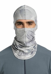 Lightweight, stretchy balaclava in gray with abstract patterns. Covers head, neck, and face; features smooth texture and minimal seams.