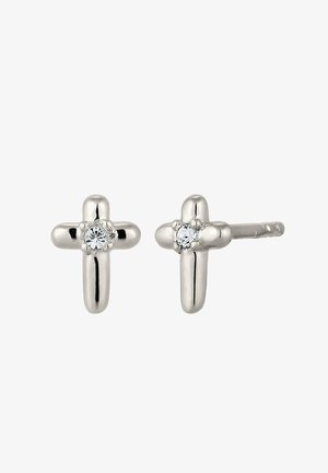 Ohrstecker in Kreuzform aus silberfarbenem Metall mit zwei klaren Edelsteinen in der Mitte. Glatte, polierte Oberfläche und minimalistisches Design.