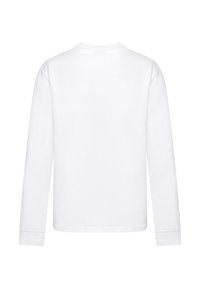 Langärmliges weißes T-Shirt aus Baumwolle. Verfügt über einen runden Ausschnitt und ein einfaches Design, mit geraden Ärmeln und Saum.