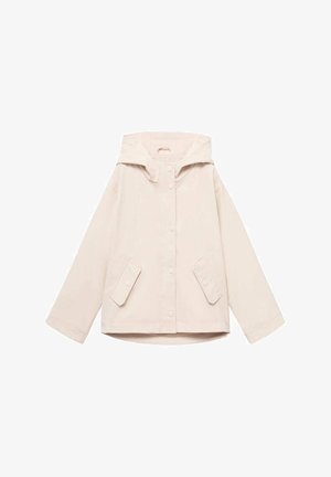 Veste à capuche beige clair en tissu lisse, dotée d'une fermeture à boutons, de deux poches à rabat et d'une coupe décontractée. Design simple et épuré.