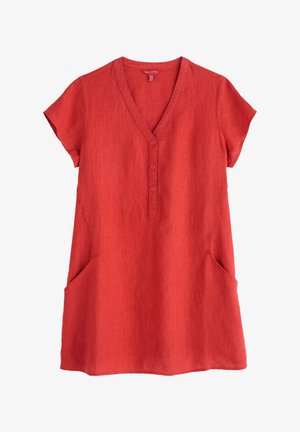 Rochie roșie din in, cu mâneci scurte, decolteu în V, închidere cu nasturi pe față și două buzunare laterale. Material ușor, cu o textură netedă.