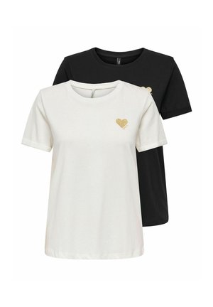 Biało-czarne t-shirty z krótkim rękawem i okrągłym dekoltem, każdy z małym złotym brokatowym sercem na lewej piersi.