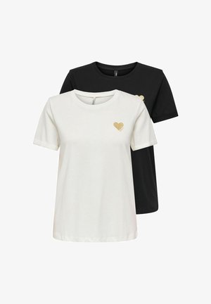 Baltos ir juodos trumpomis rankovėmis marškinėliai su apvalia iškirpte, kiekvienose su maža auksine blizgančia širdute kairėje krūtinės pusėje.