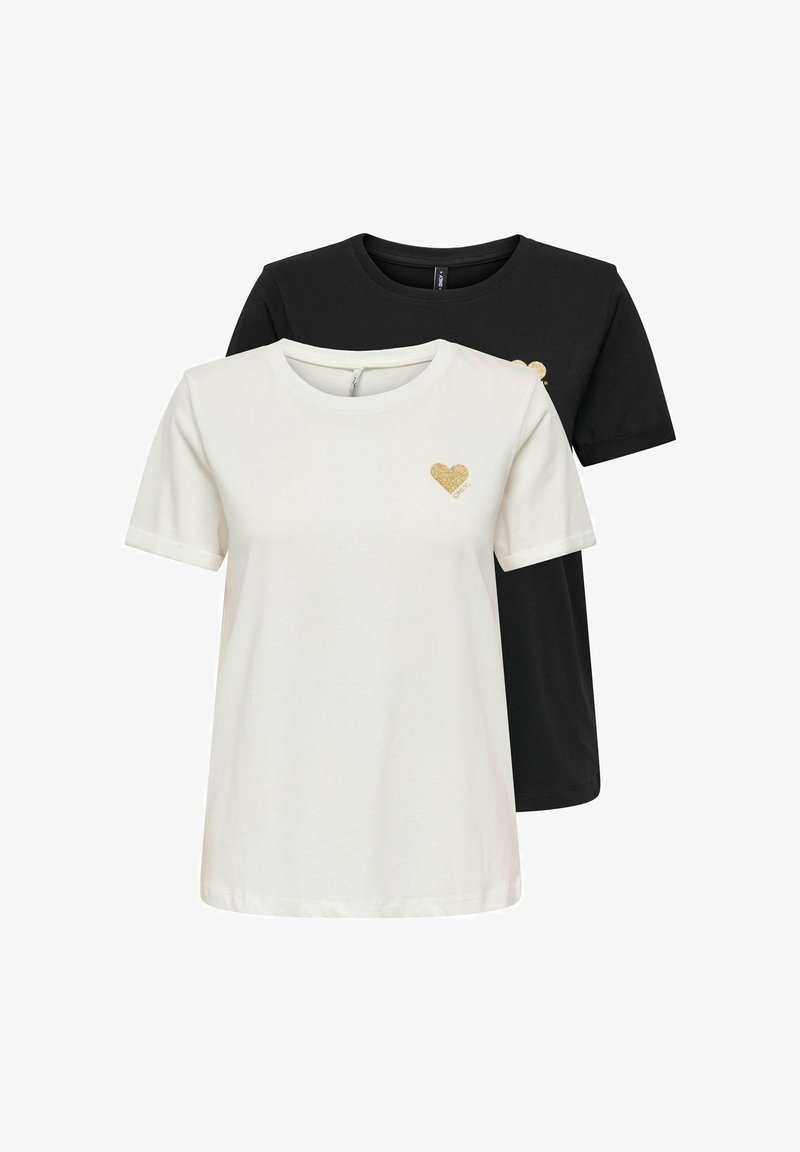 Biało-czarne t-shirty z krótkim rękawem i okrągłym dekoltem, każdy z małym złotym brokatowym sercem na lewej piersi.