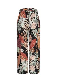 Svarte bukser med vide ben, prydet med et livlig tropisk blomsterprint i nyanser av oransje, grønt og rosa, med snor i midjen.