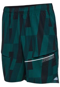 Dunkelgrüne und schwarze sportliche Shorts mit geometrischem Muster, elastischem Bund und „HUMMEL“-Logo am unteren rechten Bein.