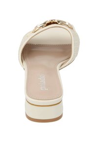 Beige High-Heel-Sandal mit strukturiertem Riemen, goldenen Hardware-Akzenten, gepolstertem Fußbett und einer glatten, stabilen Sohle. Elegantes und schlichtes Design.