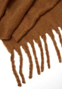 Sciarpa marrone in lana con una texture morbida, caratterizzata da bordi frangiati. Il tessuto appare spesso e caldo, ideale per il clima più fresco.