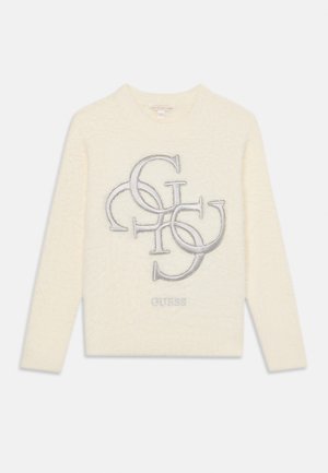 Kremfarget genser med myk tekstur, med et sølvbrodert logodesign foran og ribbede mansjetter og kant.