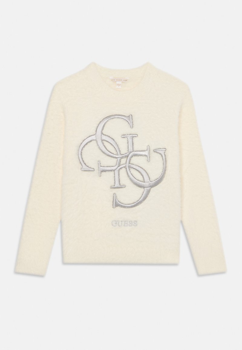 Cremfarbener Pullover mit weicher Textur, ausgestattet mit einem silbernen, gestickten Logo-Design auf der Vorderseite sowie gerippten Bündchen und Saum.