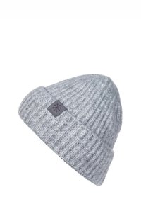 Grey knitted beanie with a ribbed texture, featuring a dark gray square patch with a snowflake design stitched on the side.