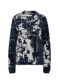 Marineblauer und cremefarbener Pullover mit flauschiger Textur, der ein abstraktes Muster zeigt. Klassischer Rundhalsausschnitt und lange Ärmel. Keine auffälligen Beschläge oder Akzente.