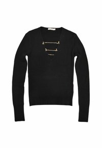 Maglione nero a coste con scollatura a V profonda, dotato di hardware decorativo in tono oro sulla parte anteriore e maniche lunghe aderenti.
