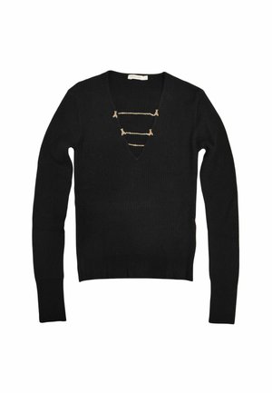 Maglione nero a coste con scollatura a V profonda, dotato di hardware decorativo in tono oro sulla parte anteriore e maniche lunghe aderenti.