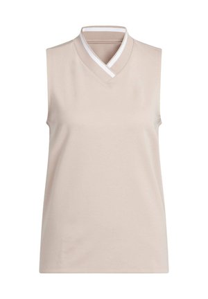 Beige sleeveless top with a v-neck design, featuring a white striped collar. Smooth texture and minimalist style, suitable for casual wear.